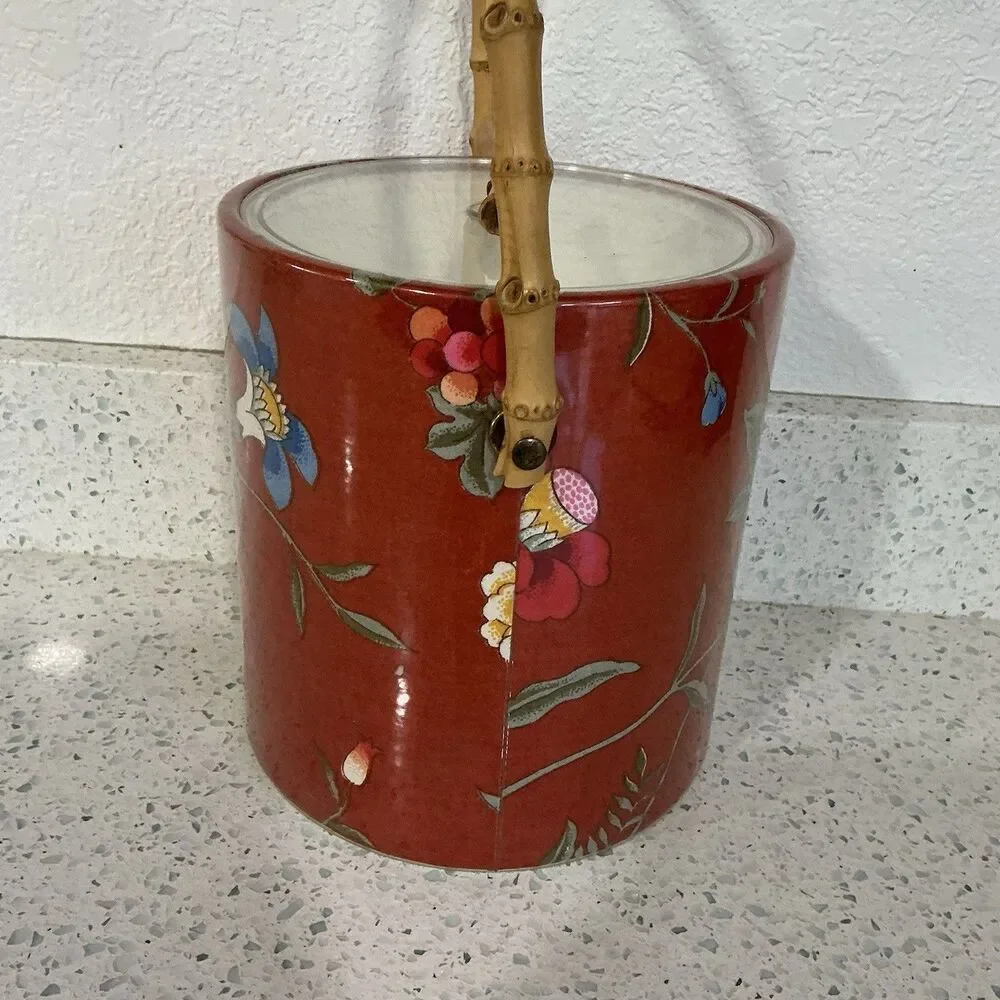 Vintage Vinyl Floral Asian Inspired Ice Bucket Retro MCM Regency Red Bamboo